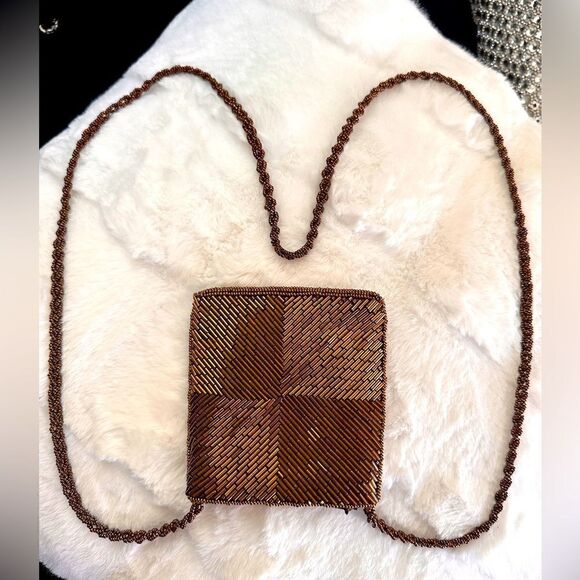 Vintage 80's Bronze Tone Beaded Evening Bag 21" Strap - Picture 7 of 17